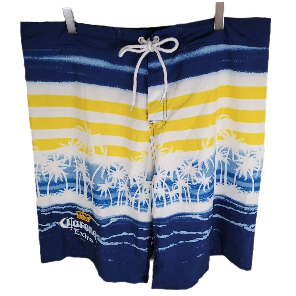CORONA EXTRA | stretch stripe palm trees beach swim board shorts